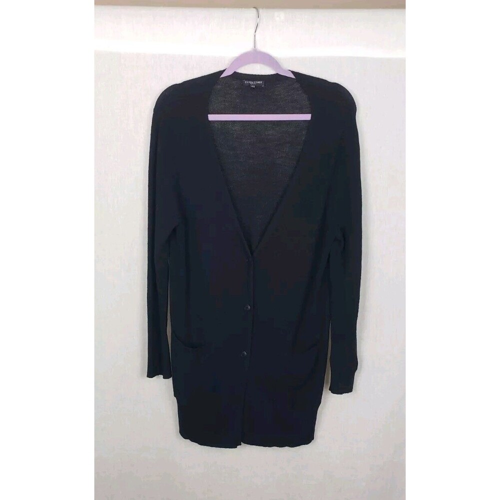 Eileen Fisher Cardigan Sweater PL Button Front 100% Wool Black Quiet Luxury